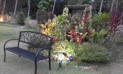 a bench in front of a garden with plants at Phuket Sirinapha Resort in Nai Yang Beach