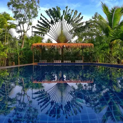 a pool with a reflection of a palm tree at Nongthale Mountain View in Klong Muang Beach