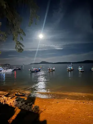 a group of boats in the water at night at The Title by Eeri in Rawai Beach
