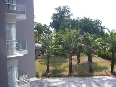 a view of a yard with palm trees next to a building at Chic Condominium Unit A303, A306, A307, A308, A406 in Karon Beach
