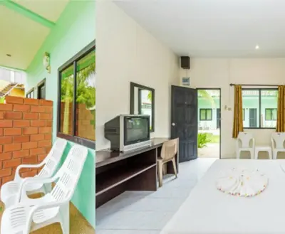 two photos of a living room with a tv at Baantonsai Garden Resort in Patong Beach