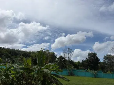 a blue fence in a field with trees and clouds at Risa Plus2 in Kathu