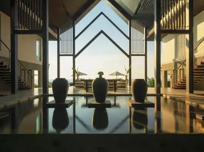a pool with three vases in the middle of a building at Villa Samira by Elite Havens in Kamala Beach