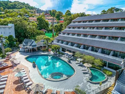an overhead view of a hotel with a swimming pool at Orchidacea Resort - Kata Beach in Kata Beach