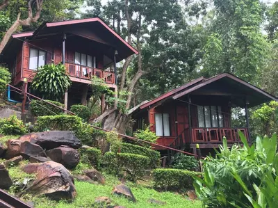 two bamboo cabins in a forest with rocks at Phi Phi Green Hill Resort in Phi Phi Don