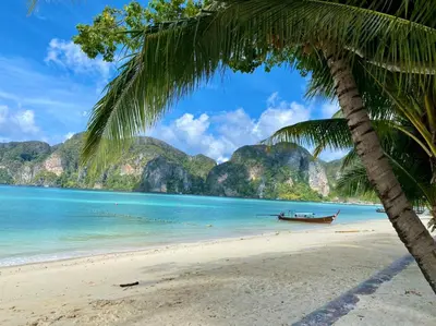a palm tree and a boat on a beach at Phi Phi Villa Resort in Phi Phi Don