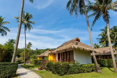 a house with a thatched roof and palm trees at Elixir Resort Koh Yao Yai - SHA Plus in Ko Yao Yai
