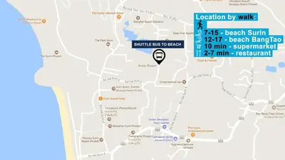 a map of the location of the resort with a marker at The Aristo by Holy Cow, 2-BR loft, 90 m2, pool view in Surin Beach