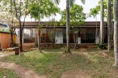 a house with palm trees in front of it at Ao Nang Timber House in Ao Nang Beach