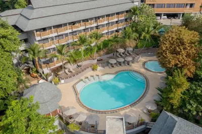 an overhead view of a swimming pool at a hotel at Holiday Inn Resort Krabi Ao Nang Beach by IHG in Ao Nang Beach