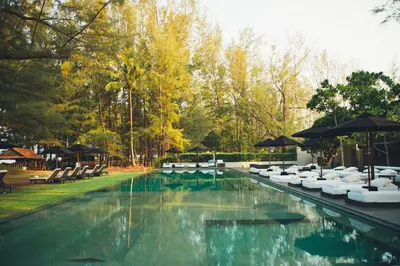 a swimming pool with white chairs and umbrellas at SALA Phuket Mai Khao Beach Resort in Mai Khao Beach