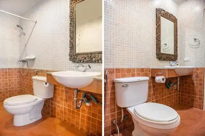 two pictures of a bathroom with a toilet and a sink at The Album Loft in Patong Beach