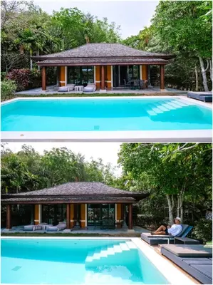 a small house with a swimming pool next to a house at Bungalow VILLA Cha Cha in Ko Yao Noi