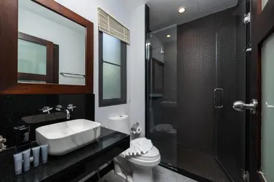 a bathroom with a sink and a toilet and a shower at VILLA Galam 2BR Private Pool Naiharn beach in Nai Harn Beach