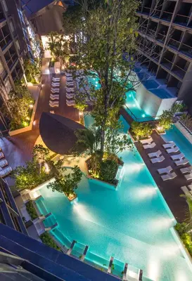 an overhead view of a swimming pool at night at Panan Krabi Resort in Ao Nang Beach