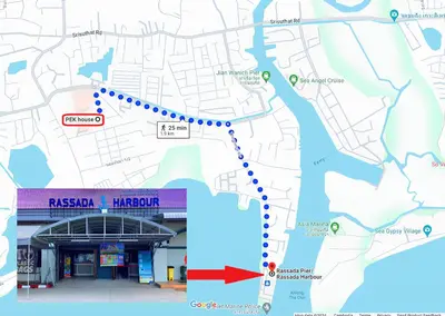 a map of the russian mercury station with a red arrow at Pek House in Phuket Town