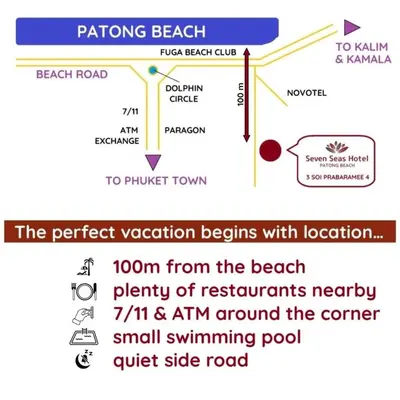 a diagram of a beach road with a diagram of the retreat vegetation begins with location at Seven Seas Hotel Patong Beach in Patong Beach