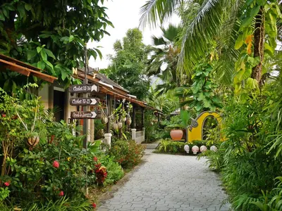 a walkway in a garden next to a building at Bangtao Beach Chalet Resort in Bang Tao Beach
