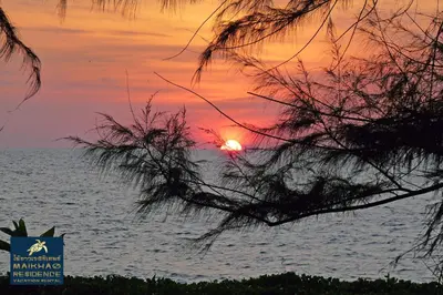 a sunset over the water with a sign in the foreground at MaiKhao Residence in Mai Khao Beach