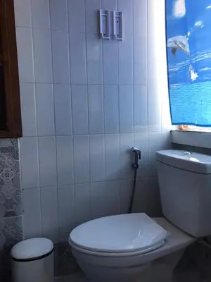 a white bathroom with a toilet and a window at Baan Ratchapruek in Phuket Town