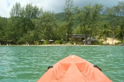 a view from the back of a kayak in the water at Koh Yao Beach Front in Ko Yao Yai