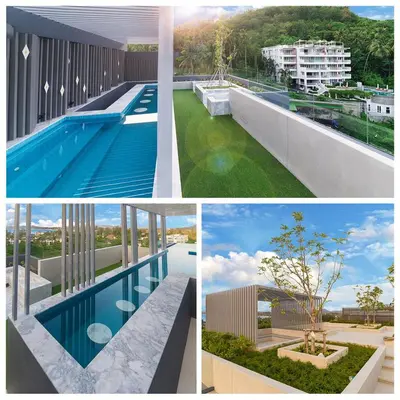 a collage of four pictures of a swimming pool at Cute Studio in Aristo Beach condo - 7 min walk to Surin Beach, construction view in Surin Beach