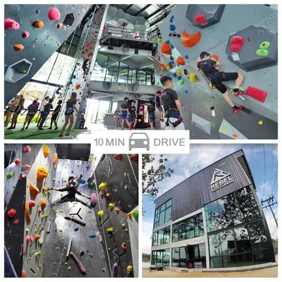 a collage of photos of people on a climbing wall at Cute Studio in Aristo Beach condo - 7 min walk to Surin Beach, construction view in Surin Beach