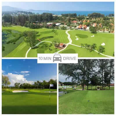 a collage of four pictures of a golf course at The Aristo Beach by Holy Cow, studio, without kitchen, construction view in Surin Beach