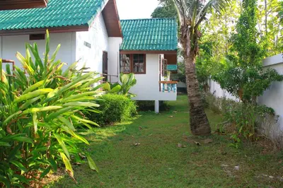 a house with a palm tree in front of it at Surin House in Surin Beach