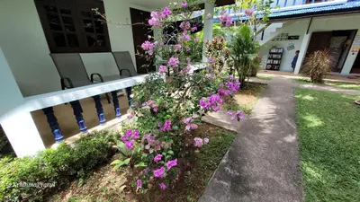 a garden with purple flowers next to a fence at Sabai Resort in Ao Nang Beach