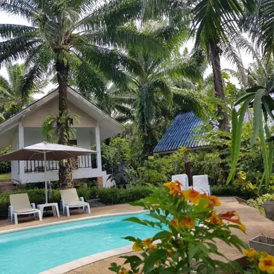 a villa with a swimming pool and palm trees at Groovy Bungalows in Ao Nang Beach