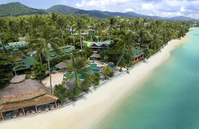 an aerial view of a beach with palm trees at Friendship Beach Resort & Atmanjai Wellness Centre in Rawai Beach