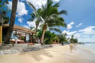a beach with palm trees and a house at Friendship Beach Resort & Atmanjai Wellness Centre in Rawai Beach