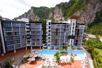 an aerial view of a resort with a mountain at Sea Seeker Krabi Resort in Ao Nang Beach