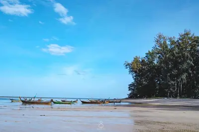 a group of boats sitting on a beach at Dang Sea Beach Resort - SHA in Nai Yang Beach