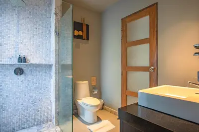 a bathroom with a shower and a toilet and a sink at ONYX Villa Naiharn - 3 Bedrooms with private pool in Nai Harn Beach