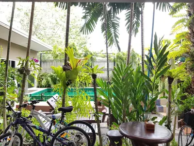 two bikes parked next to a table and some plants at Benjamas Place Hotel in Rawai Beach