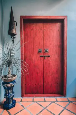 a red door with a potted plant in front of it at WOO Gallery & Boutique hotel in Phuket Town