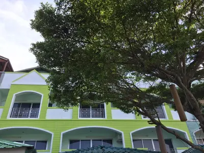 a yellow house with white windows and a tree at saithong guesthouse in Rawai Beach
