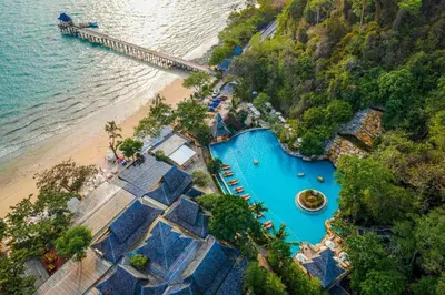 an aerial view of a water park next to a beach at Santhiya Koh Yao Yai Resort & Spa - Compulsory Join Santhiya Speedboat from-to Ao Po Grand Marina at Phuket in Ko Yao Yai