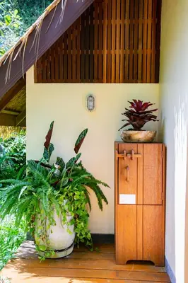 a room with two potted plants and a wooden cabinet at Purana Resort Koh Yao Noi - SHA Extra plus in Ko Yao Noi