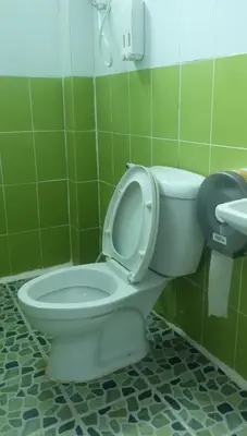 a toilet in a green tiled bathroom with a phone at Rehab Hostel in Phi Phi Don