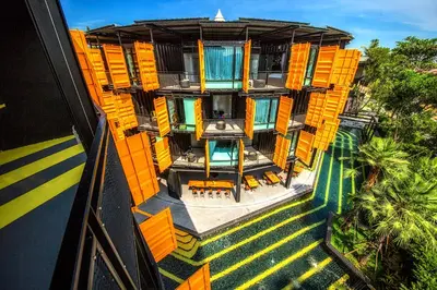an overhead view of a building with yellow at Hivetel Phuket in Chalong