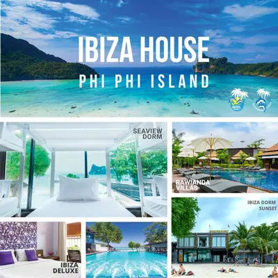 a collage of photos of the ibiza house ph ph island at Ibiza House Phi Phi in Phi Phi Don
