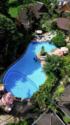 an overhead view of a large blue swimming pool at Palm Garden Resort in Rawai Beach