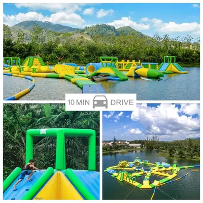 a collage of four pictures of a water park at The Aristo by Holy Cow, 2-BR, mountain view in Bang Tao Beach