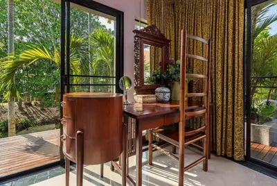 an office with a desk and a chair and a mirror at VILLA TOGIAN Private Pool Naiharn beach in Rawai Beach