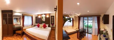 two pictures of a bedroom with a bed and a living room at Aochalong Villa Resort & Spa - SHA Plus in Chalong
