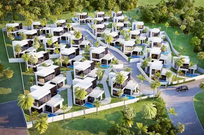 an aerial rendering of a resort complex with palm trees at 360 Degree Kamala Seaview Villa in Kamala Beach