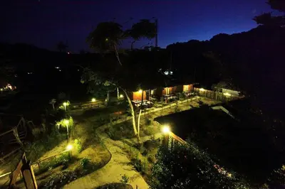 a night view of a park with street lights at PP Red Tuna Hut in Phi Phi Don